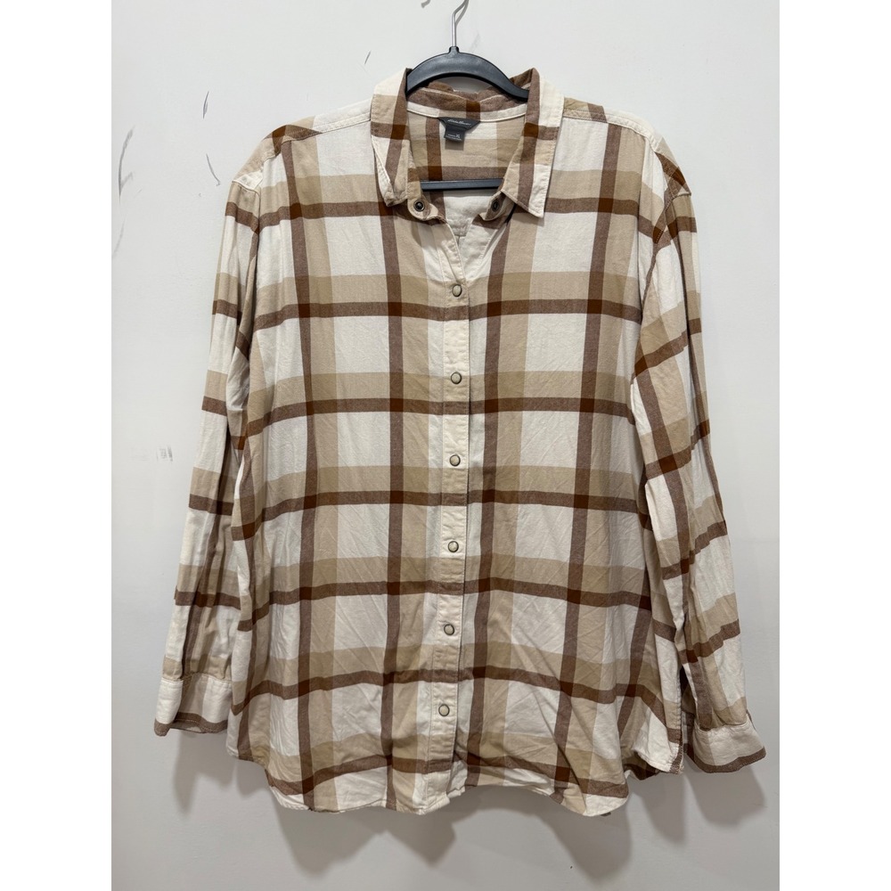 Eddie Bauer Womens XL Plaid Flannel Shirt Brown Cream Long Sleeve Snap Button